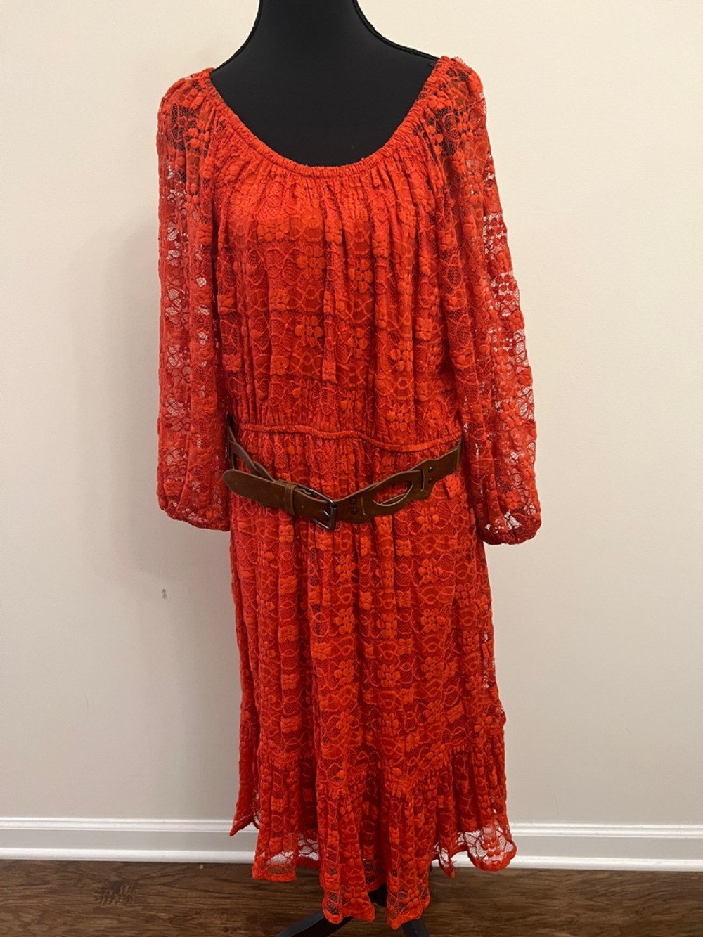 I.N. Studio Orange Lace Long-Sleeve Peasant Dress with Belt